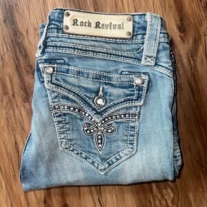 Mid Rise Rock Revival Jeans Easy Straight Size 27 Style E8238ET8R Sequin Studded